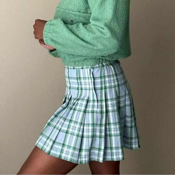 Aerie Class Act Blue & Green Pleated Plaid Mini Skirt SzM Schoolgirl Preppy NWT - Picture 3 of 6